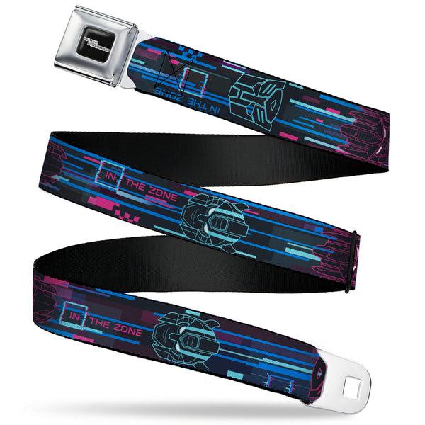 Buckle-Down TRANSFORMERS Title Logo Full Color Black/Grays Seatbelt Belt - Transformers Autobots IN THE ZONE Icons Blues/Reds Webbing