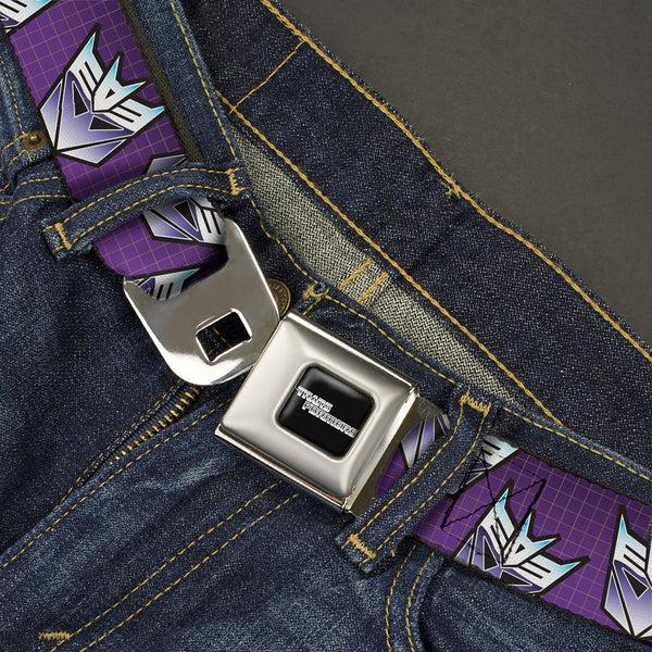 Buckle-Down TRANSFORMERS Title Logo Full Color Black/White Seatbelt Belt - Transformers Decepticons Icon Scattered Grids Purples Webbing