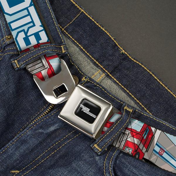 Buckle-Down TRANSFORMERS Title Logo Full Color Black/White Seatbelt Belt - Transformers AUTOBOTS Optimus Prime Semi Truck Collage Light Blue Webbing