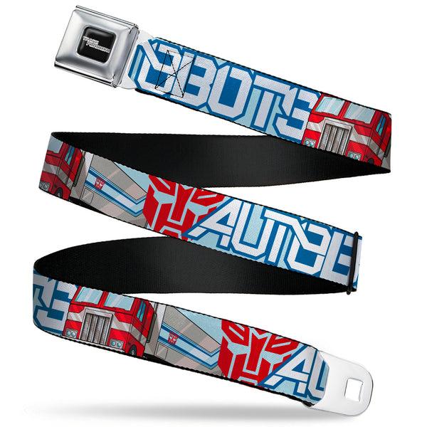 Buckle-Down TRANSFORMERS Title Logo Full Color Black/White Seatbelt Belt - Transformers AUTOBOTS Optimus Prime Semi Truck Collage Light Blue Webbing