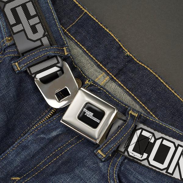 Buckle-Down TRANSFORMERS Title Logo Full Color Black/White Seatbelt Belt - Transformers AUTOBOTS DECEPTICONS Shield And Text Grays/Black/White Webbing