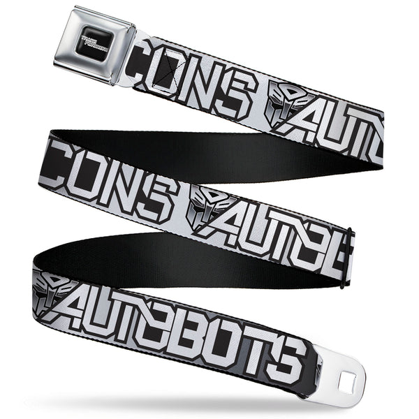 Buckle-Down TRANSFORMERS Title Logo Full Color Black/White Seatbelt Belt - Transformers AUTOBOTS DECEPTICONS Shield and Text Grays/Black/White Webbing