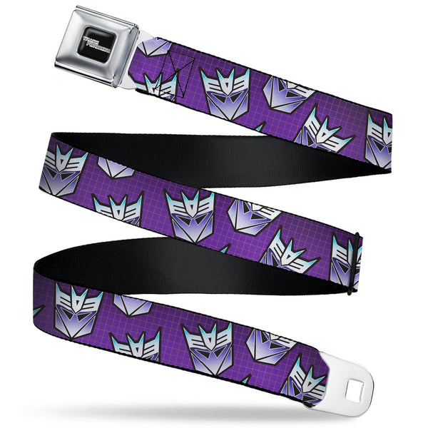 Buckle-Down TRANSFORMERS Title Logo Full Color Black/White Seatbelt Belt - Transformers Decepticons Icon Scattered Grids Purples Webbing