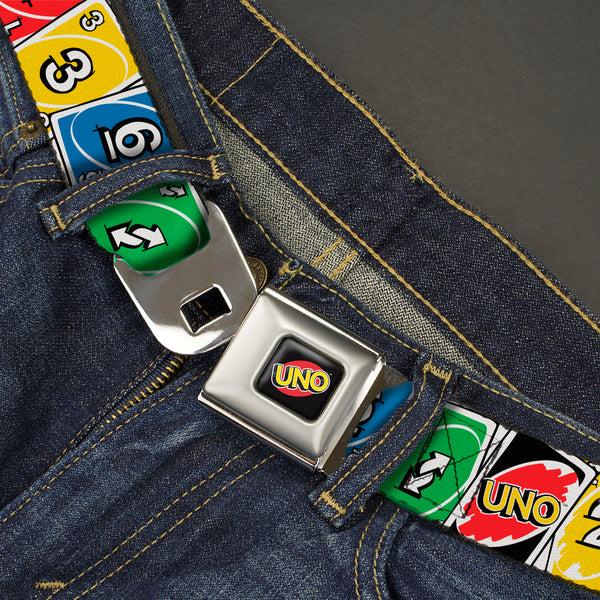 Buckle-Down UNO Game Logo Full Color Black/Red/Yellow Seatbelt Belt - UNO Cards Lineup Stack Multi Color Webbing