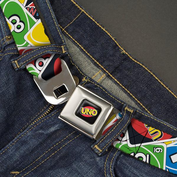 Buckle-Down UNO Game Logo Full Color Black/Red/Yellow Seatbelt Belt - UNO Cards Stacked Collage Multi Color Webbing