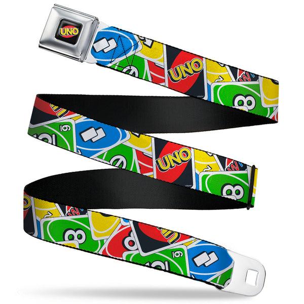 Buckle-Down UNO Game Logo Full Color Black/Red/Yellow Seatbelt Belt - UNO Cards Stacked Collage Multi Color Webbing