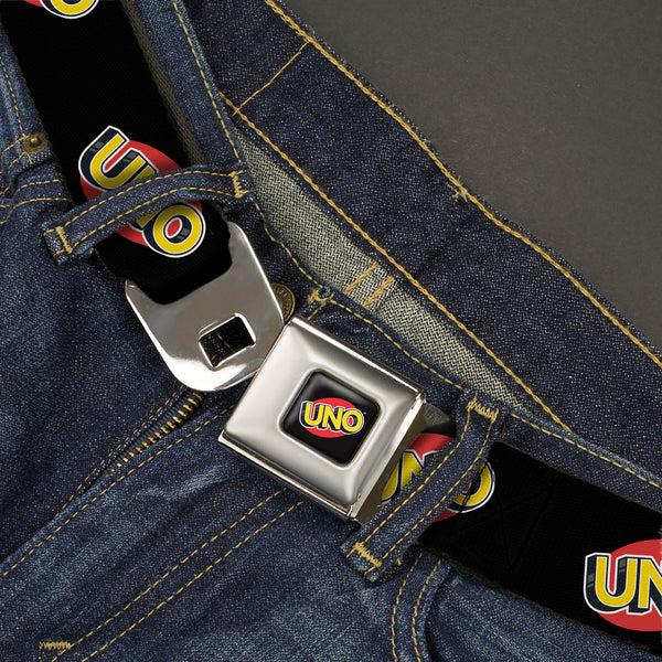 Buckle-Down UNO Game Logo Full Color Black/Red/Yellow Seatbelt Belt - UNO Game Logo Black/Red/Yellow Webbing