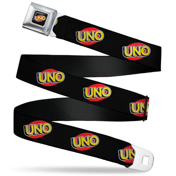 Buckle-Down UNO Game Logo Full Color Black/Red/Yellow Seatbelt Belt - UNO Game Logo Black/Red/Yellow Webbing