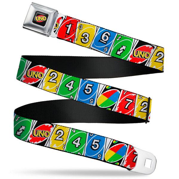 Buckle-Down UNO Game Logo Full Color Black/Red/Yellow Seatbelt Belt - UNO Cards Lineup Stack Multi Color Webbing