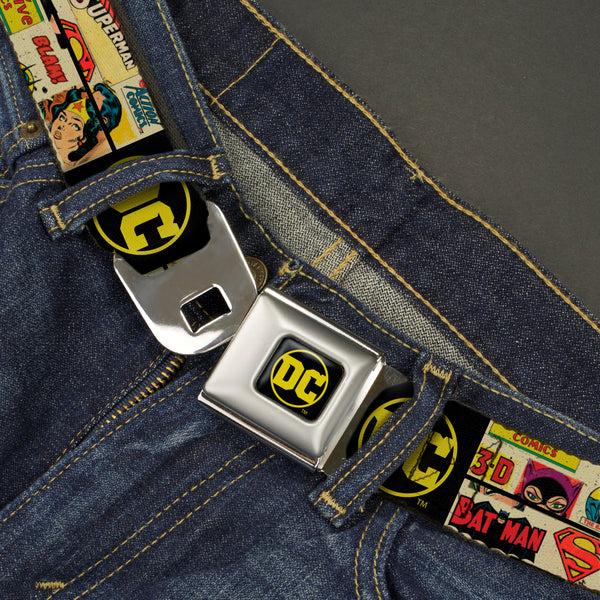 Buckle-Down Vintage DC Comics Logo Full Color Black/Yellow Seatbelt Belt - Vintage DC Comics Superhero And Logos Collage Black Webbing
