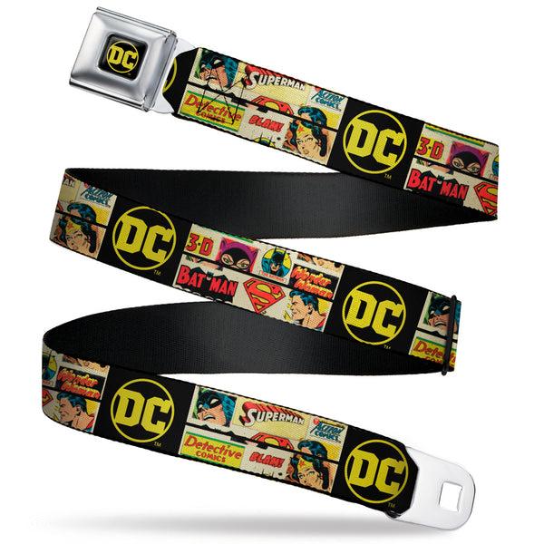 Buckle-Down Vintage DC Comics Logo Full Color Black/Yellow Seatbelt Belt - Vintage DC Comics Superhero And Logos Collage Black Webbing