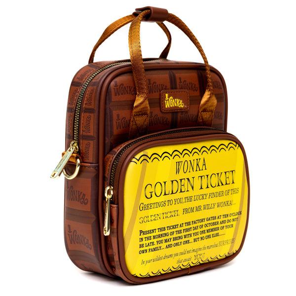 Buckle-Down Warner Bros. Movies Bag Cross Body Willy Wonka Golden Ticket Text And Wonka Bar Print Browns Vegan Leather