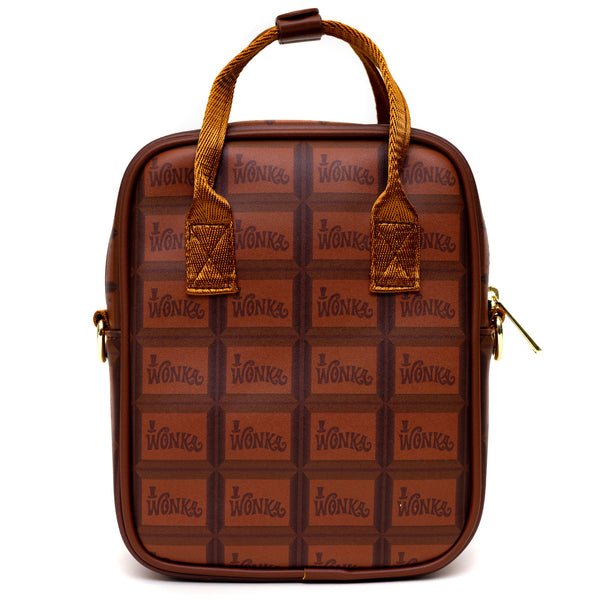Buckle-Down Warner Bros. Movies Bag Cross Body Willy Wonka Golden Ticket Text And Wonka Bar Print Browns Vegan Leather