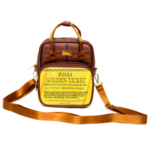 Buckle-Down Warner Bros. Movies Bag Cross Body Willy Wonka Golden Ticket Text And Wonka Bar Print Browns Vegan Leather