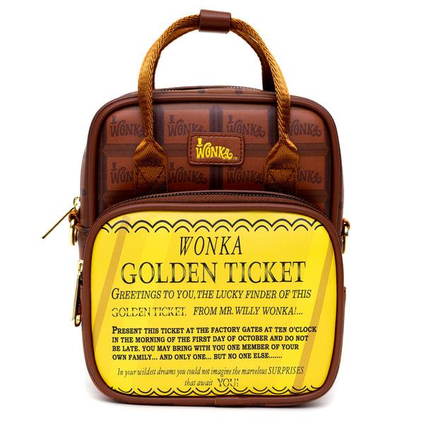 Buckle-Down Warner Bros. Movies Bag Cross Body Willy Wonka Golden Ticket Text and Wonka Bar Print Browns Vegan Leather