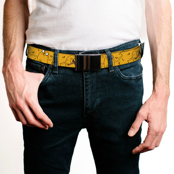 Buckle-Down Web Belt Blank Black Buckle - Adventure Time Jake Dancing And Violin Poses Yellow Webbing