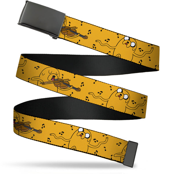 Buckle-Down Web Belt Blank Black Buckle - Adventure Time Jake Dancing and Violin Poses Yellow Webbing
