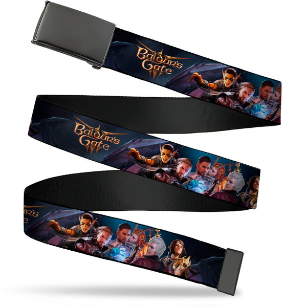 Buckle-Down Web Belt Blank Black Buckle - BALDUR'S GATE III Group Pose and Title Logo Grays Webbing