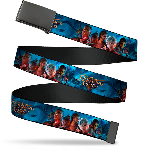 Buckle-Down Web Belt Blank Black Buckle - BALDUR'S GATE III Group Pose Scenes and Title Logo Grays Webbing