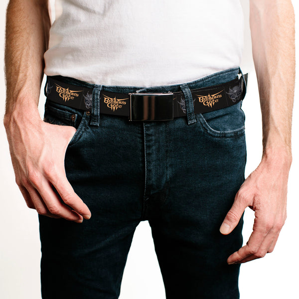 Buckle-Down Web Belt Blank Black Buckle - BALDUR'S GATE III Title Logo And Mind Flayer Icon Black/Grays/Tan Webbing