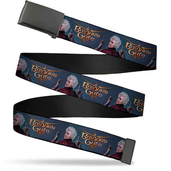 Buckle-Down Web Belt Blank Black Buckle - BALDUR'S GATE III Title Logo and Astarion Pose Blue Webbing