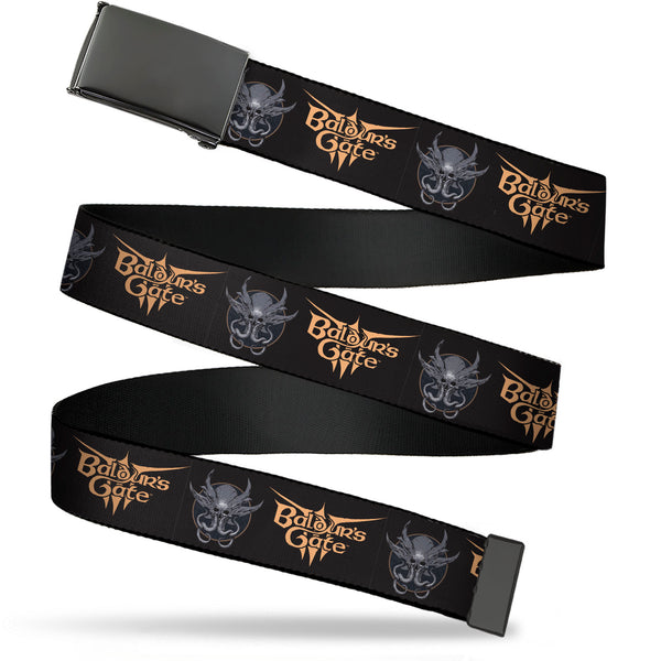 Buckle-Down Web Belt Blank Black Buckle - BALDUR'S GATE III Title Logo and Mind Flayer Icon Black/Grays/Tan Webbing