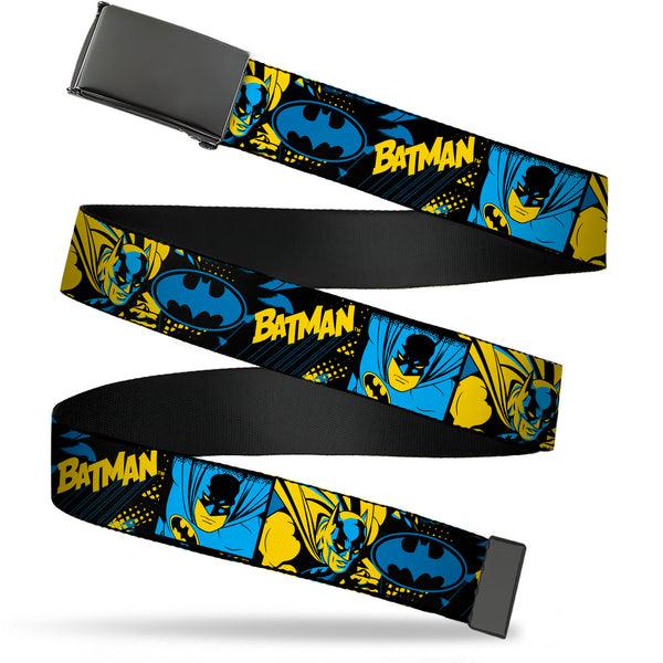 Buckle-Down Web Belt Blank Black Buckle - BATMAN Poses and Logo Collage Black/Blue/Yellow Webbing
