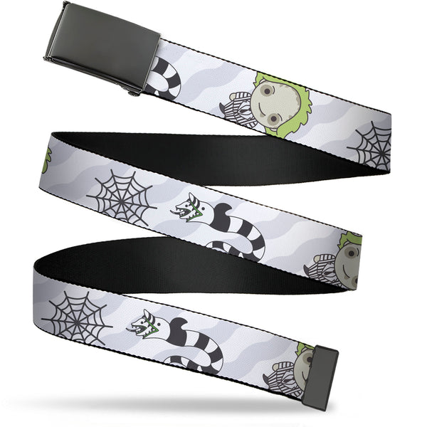 Buckle-Down Web Belt Blank Black Buckle - Beetlejuice Chibi Pose and Sandworm Collage White/Gray Webbing