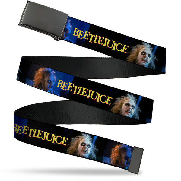 Buckle-Down Web Belt Blank Black Buckle - BEETLEJUICE Expressions and Title Logo Black/Blues Webbing