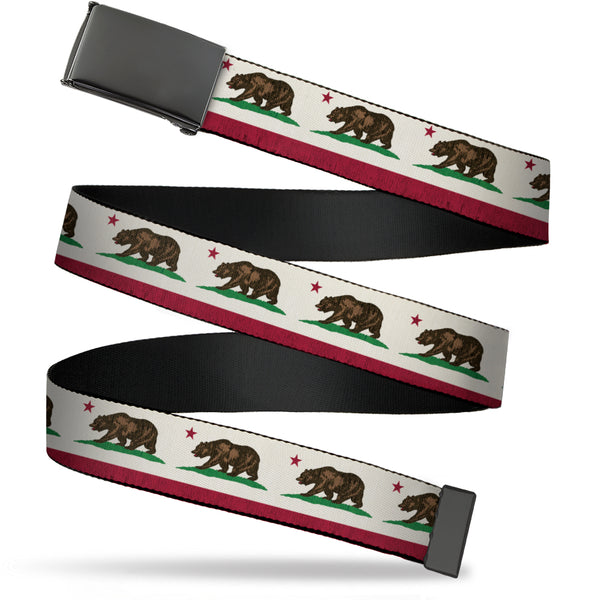 Buckle-Down Web Belt Blank Black Buckle - California Flag Bear Weathered White Webbing
