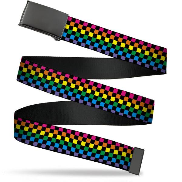 Buckle-Down Web Belt Blank Black Buckle - Checker Black/Neon Rainbow Webbing