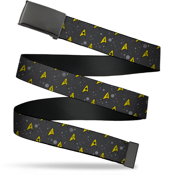 Buckle-Down Web Belt Blank Black Buckle - Classic Star Trek Starfleet Insignias in Space Gray/Yellow Webbing
