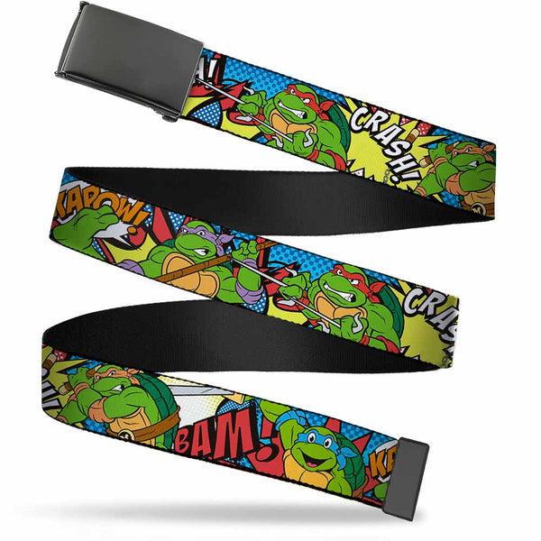 Buckle-Down Web Belt Blank Black Buckle - Classic Teenage Mutant Ninja Turtles Action Poses/Action Bubbles Dots Blues Webbing