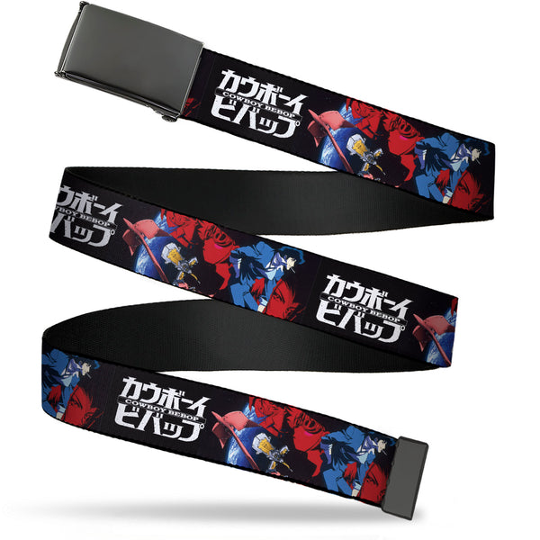 Buckle-Down Web Belt Blank Black Buckle - COWBOY BEBOP Spike Pose and Crew Collage and Title Logo Black Webbing