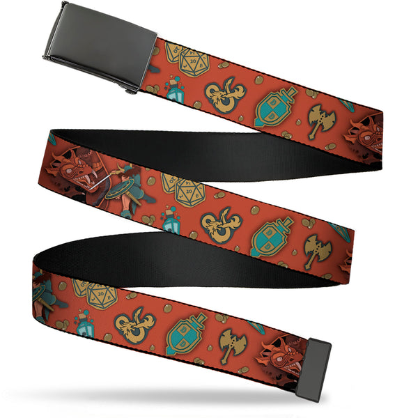 Buckle-Down Web Belt Blank Black Buckle - Dungeons & Dragons Dragon Slayer and Icons Collage Reds/Greens Webbing