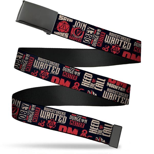 Buckle-Down Web Belt Blank Black Buckle - Dungeons & Dragons Quotes and Icons Collage Black/Red/Tan Webbing
