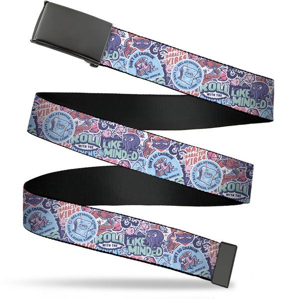 Buckle-Down Web Belt Blank Black Buckle - Dungeons & Dragons ROLL WITH THE LIKE MINDED Icons Collage Blues/Pinks Webbing
