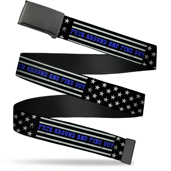 Buckle-Down Web Belt Blank Black Buckle - FAFO FUCK AROUND AND FIND OUT Thin Blue Line Flag Webbing