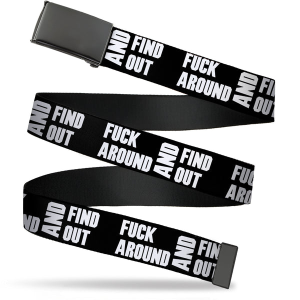 Buckle-Down Web Belt Blank Black Buckle - FAFO FUCK AROUND AND FIND OUT Bold Black/White Webbing