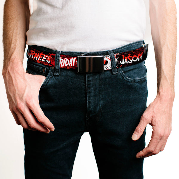 Buckle-Down Web Belt Blank Black Buckle - FRIDAY THE 13TH JASON VOORHIES Mask Text Black/Red/White Webbing
