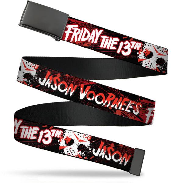 Buckle-Down Web Belt Blank Black Buckle - FRIDAY THE 13TH JASON VOORHIES Mask Text Black/Red/White Webbing