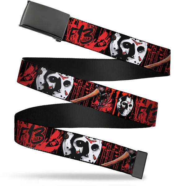 Buckle-Down Web Belt Blank Black Buckle - FRIDAY THE 13th/Jason Mask4/Axe Blood Splatter Black/Red/White Webbing
