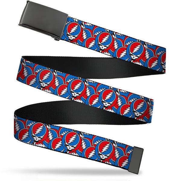 Buckle-Down Web Belt Blank Black Buckle - Grateful Dead Steal Your Face Logo Stacked Red/White/Blue Webbing