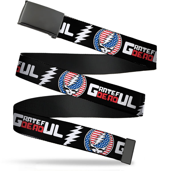 Buckle-Down Web Belt Blank Black Buckle - GRATEFUL DEAD Text with Steal Your Face Stars and Stripes Logo Black/White/Red/Blue Webbing