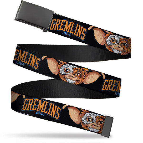 Buckle-Down Web Belt Blank Black Buckle - GREMLINS 1984 Gizmo Face Close-Up Black Webbing