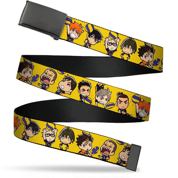 Buckle-Down Web Belt Blank Black Buckle - Haikyu Chibi Volleyball Player Warm Up Pose Yellow Webbing