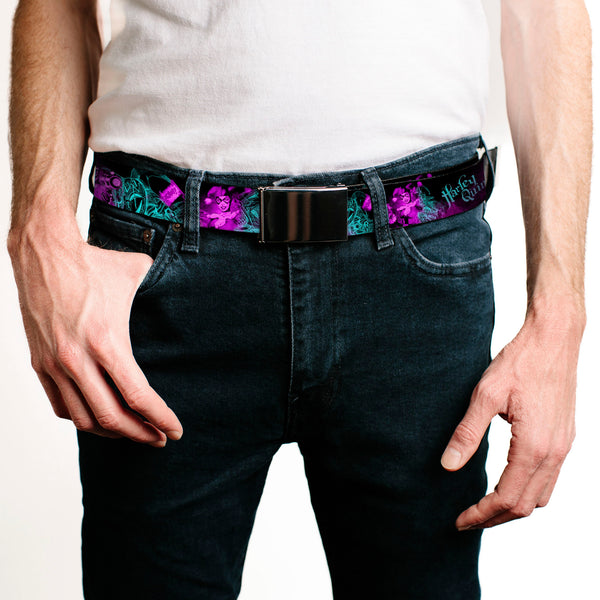 Buckle-Down Web Belt Blank Black Buckle - HARLEY QUINN Pow & Aiming Poses/Joker Sketch Black/Turquoise/Fuchsia Webbing