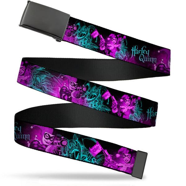 Buckle-Down Web Belt Blank Black Buckle - HARLEY QUINN Pow & Aiming Poses/Joker Sketch Black/Turquoise/Fuchsia Webbing