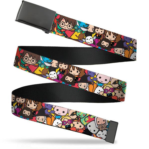 Buckle-Down Web Belt Blank Black Buckle - Harry Potter Chibi Charms Characters Stacked Webbing