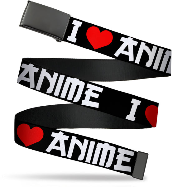 Buckle-Down Web Belt Blank Black Buckle - I "Heart" ANIME Bold Black/White/Red Webbing